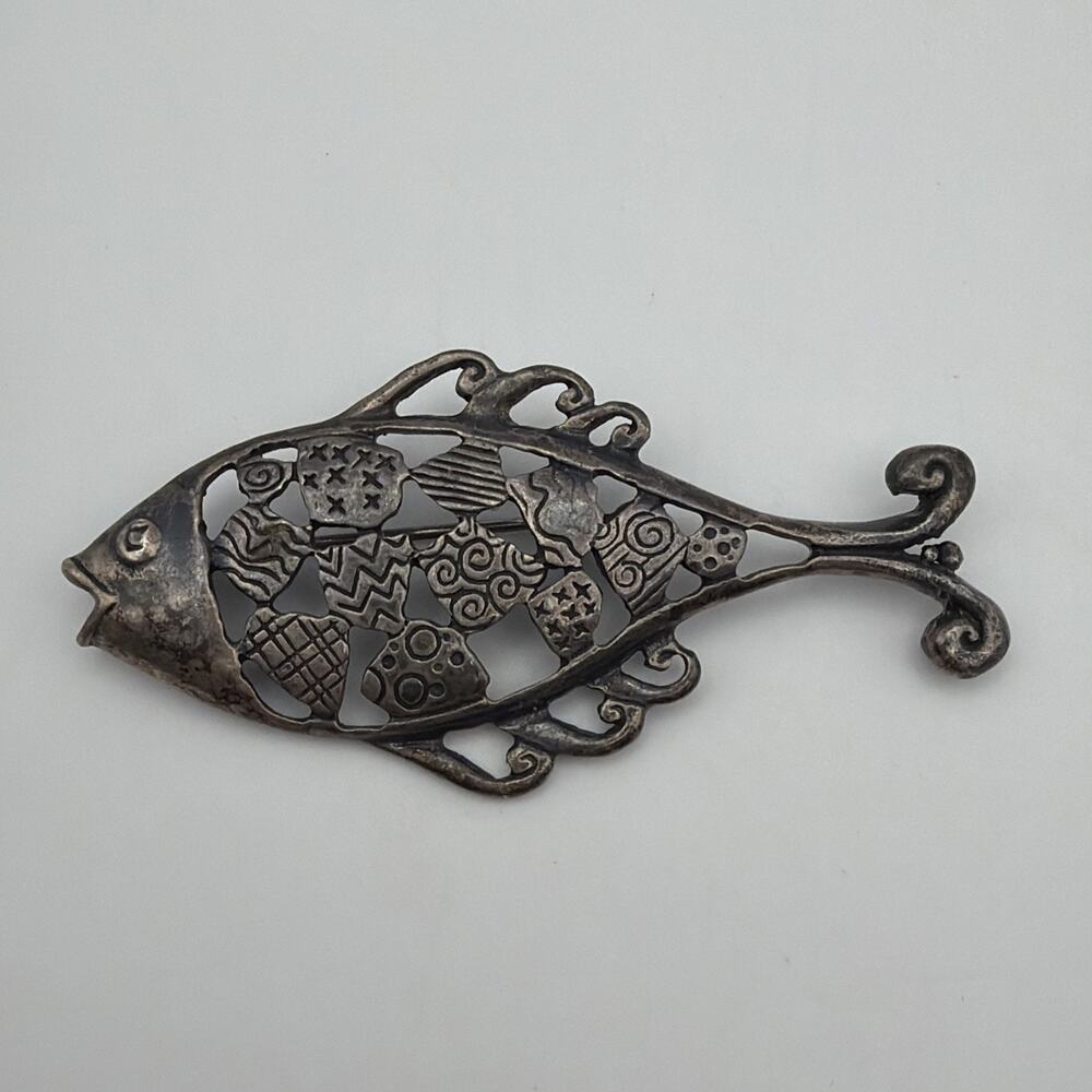 Vintage Sterling Silver Openwork Fish Brooch Pin Marked 925 Whimsical 14.7g